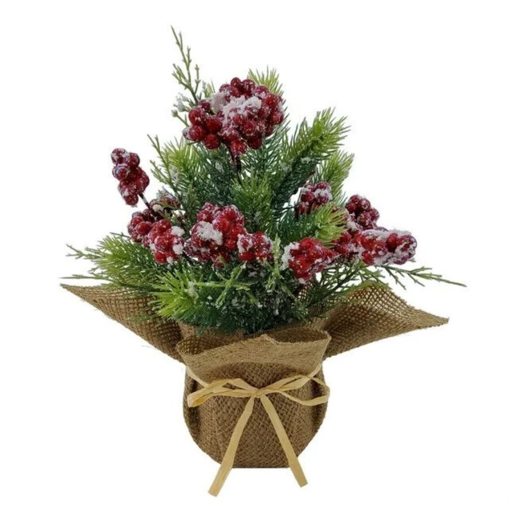 Set of 2 Table Decor Frosted Berries and Pinecone Artificial in Burlap Wrap Pot